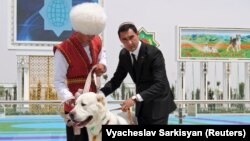 Сердар Бердымухамедов Түркмөнстандагы Ахалтеке аттарына жана Алабай иттерине арналган иш-чара учурунда, 25-апрель 2021-жыл.