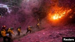 Лос-Анжелестеги токойлорду каптаган тилсиз жоо менен күрөшүп жаткан өрт өчүрүүчүлөр. 12-январь, 2025-жыл. Калифорния. 