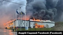An industrial park burns in Lviv on October 5 following a Russian missile strike. 