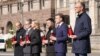 From left: Polish Prime Minister Donald Tusk, UK Prime Minister Keir Starmer, Ukrainian first lady Olena Zelenska, Ukrainian President Volodymyr Zelenskyy, French President Emmanuel Macron, and German Chancellor Friedrich Merz pay their respects to the victims of war at the Memorial for the Fallen in Kyiv on May 10, 